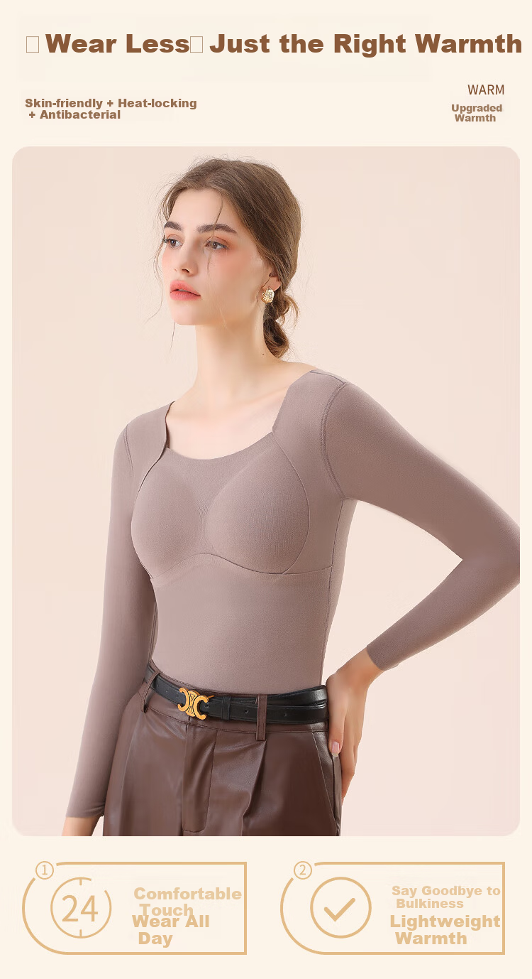 MiiOW Women's Thermal Underwear Autumn Shirt [Cationic Heat Storage] 7A Antibacterial with Chest Pad Autumn Winter Base Layer Top Coffee Color L 3