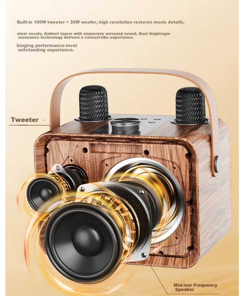 IKF M1 Wireless Karaoke Microphone Speaker All-in-One Home KTV Outdoor Bluetooth Speaker Wood Grain Brown 11
