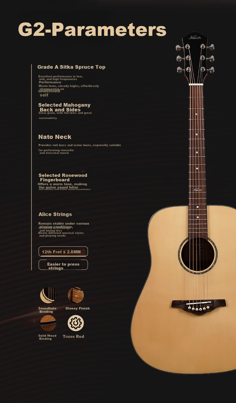Kapok Folk Acoustic Guitar 36-inch G2 1/2 Beginner Entry-Level Graded Wooden Guitar for Men and Women Advanced Instrument 10