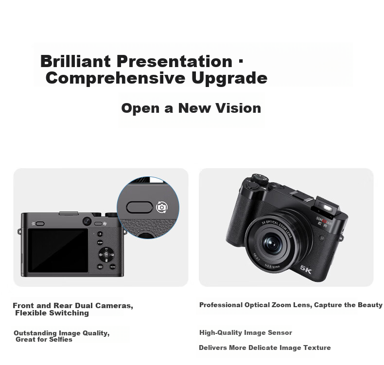 SONGDIAN Digital Camera Front and Rear Dual 5K Vlog 3X Optical Zoom Mirrorless Portable Student Camera DC205X Black 128GB Memory 2