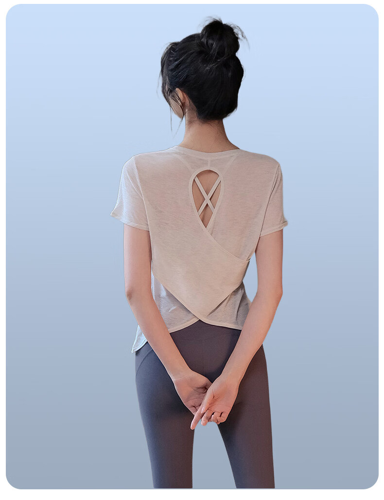 Langsha Women's Fitness Yoga Shirt Summer Running Sports Short Sleeve Loose Quick-Dry Breathable Pilates Training Backless Top 18