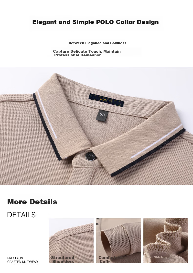 ROMON 100% Cotton Long Sleeve Men's Polo Collar Business Casual Knit Shirt Spring Autumn 4