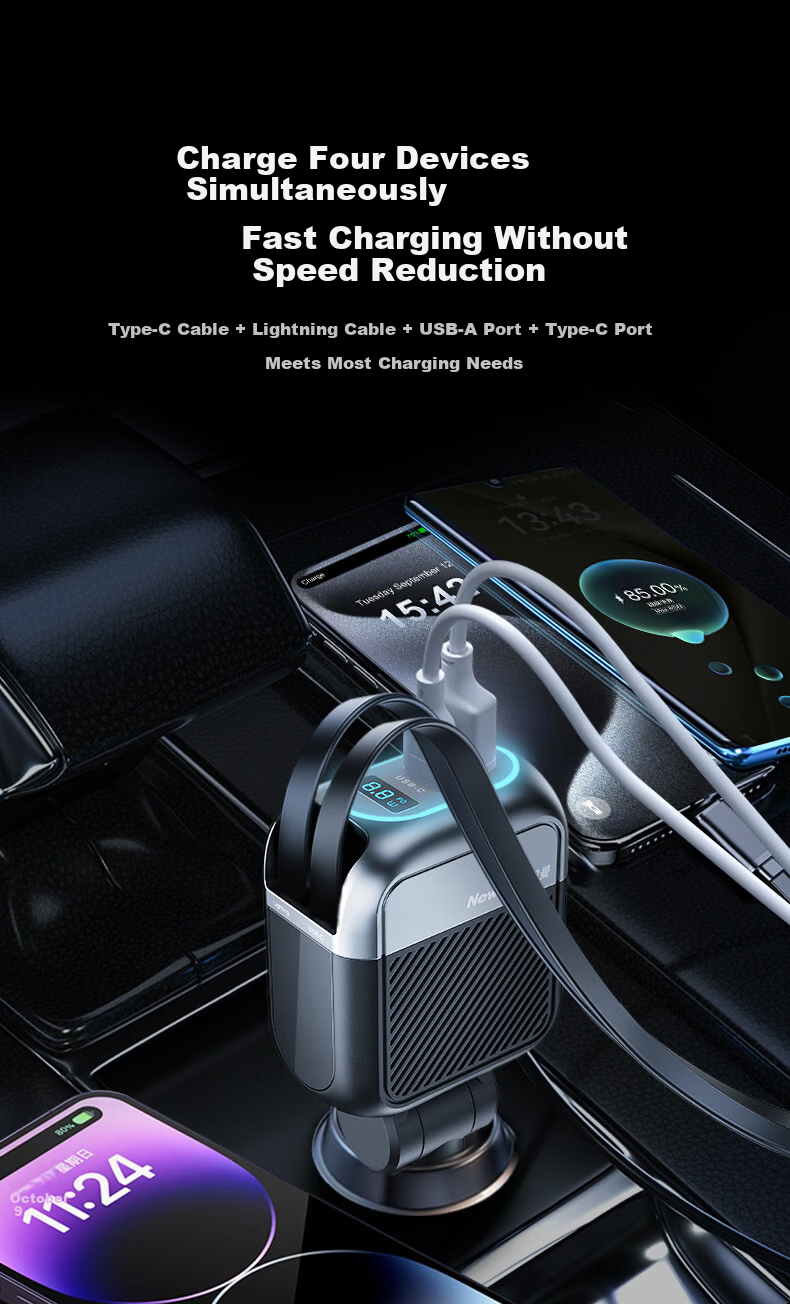 Newsmy Car Charger Super Fast Charging with Retractable Cable Multi-Function 3-in-1 Cigarette Lighter Adapter Car Charger 15