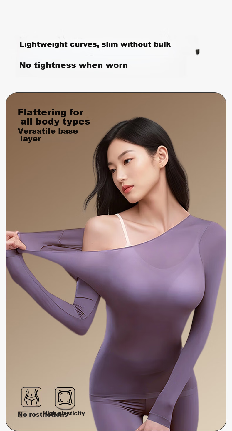 Herbal Essence Women's Autumn Thermal Underwear Set Ultra-Thin Hyaluronic Acid Skin-Enhancing Warm Base Layer Top and Bottom 11