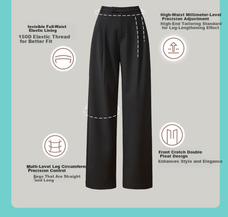 ESE-Y Wide-Leg Suit Pants for Women, New Spring 2025 High-Waist Draping Slimming Trousers, Black-Extended Length, Size 27 5