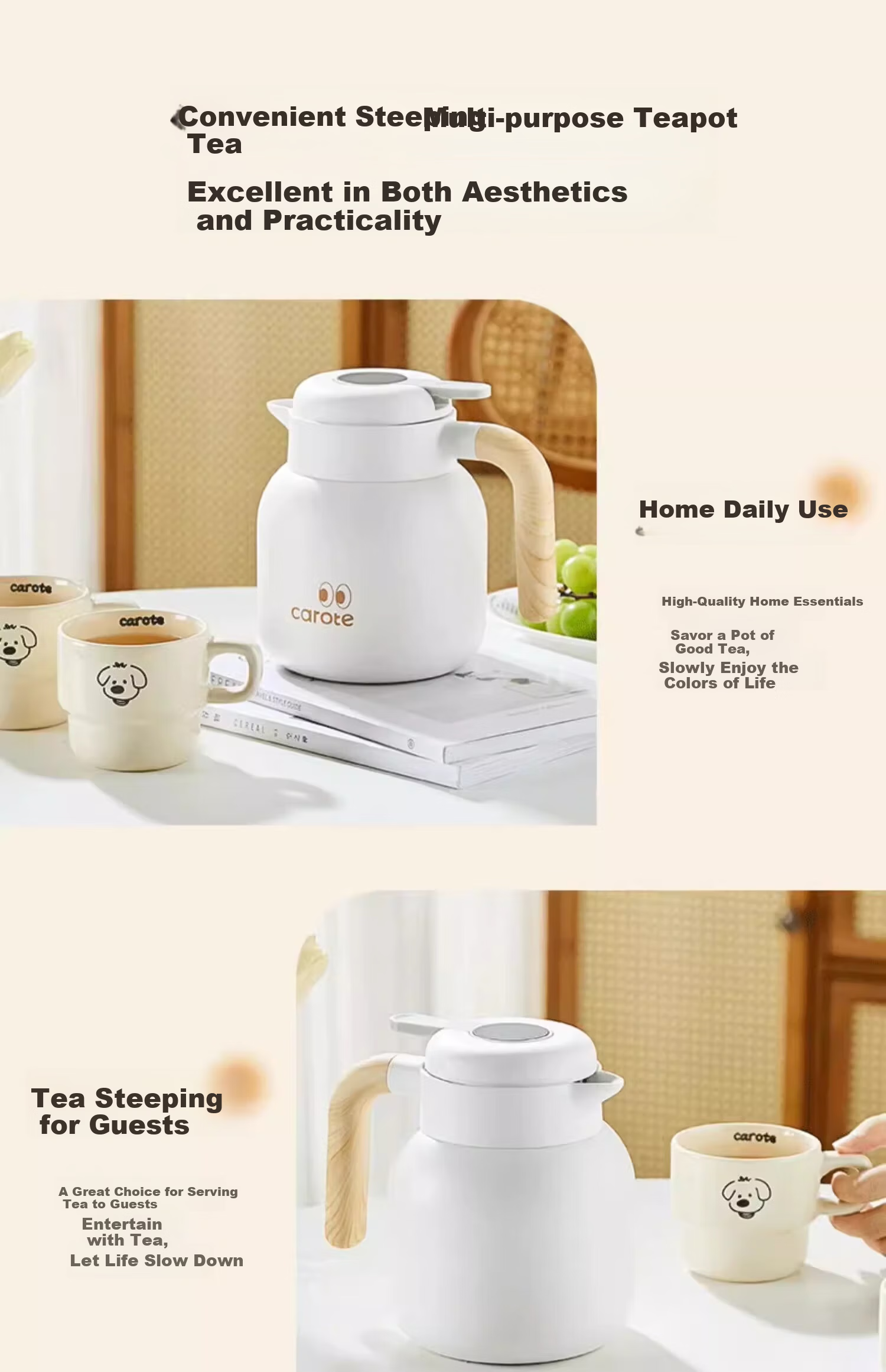 Carrot Stainless Steel Insulated Thermos Flask 1L Large Capacity Home Office Tea Steeping Pot with Tea Compartment 3