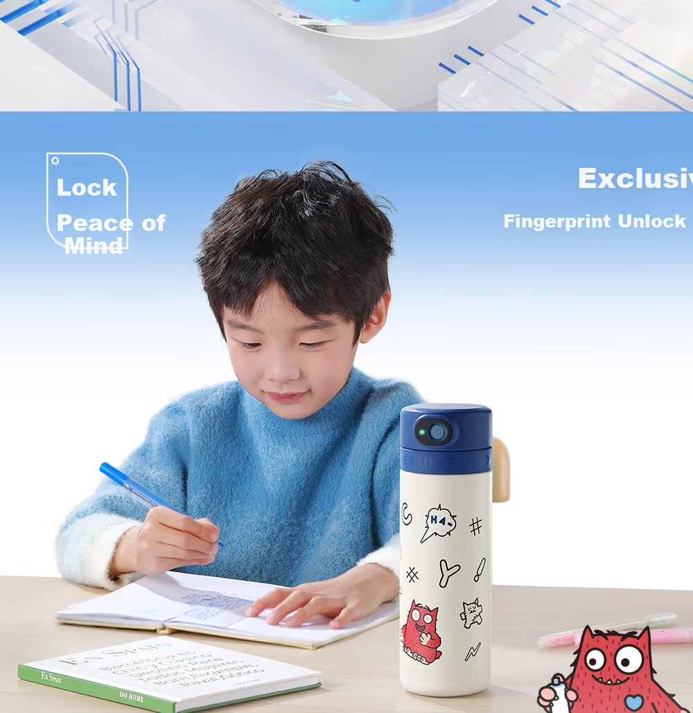Fuguang Smart Fingerprint Cup, Unlock Password, Children's Thermos Cup, Student 316L Straw Water Bottle, Gift for Boys And Girls 10