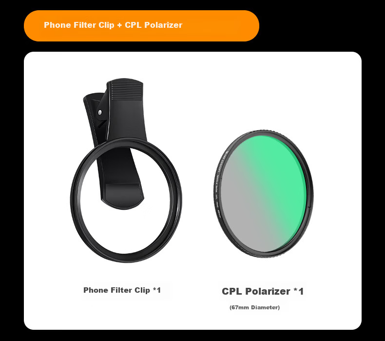 Zhuoer Polarizing Filter for Huawei, Xiaomi 15 Ultra And Apple Phones, Professional CPL Polarizing Filter, 67mm Phone Clip Shooting Tool, ND Filter 9