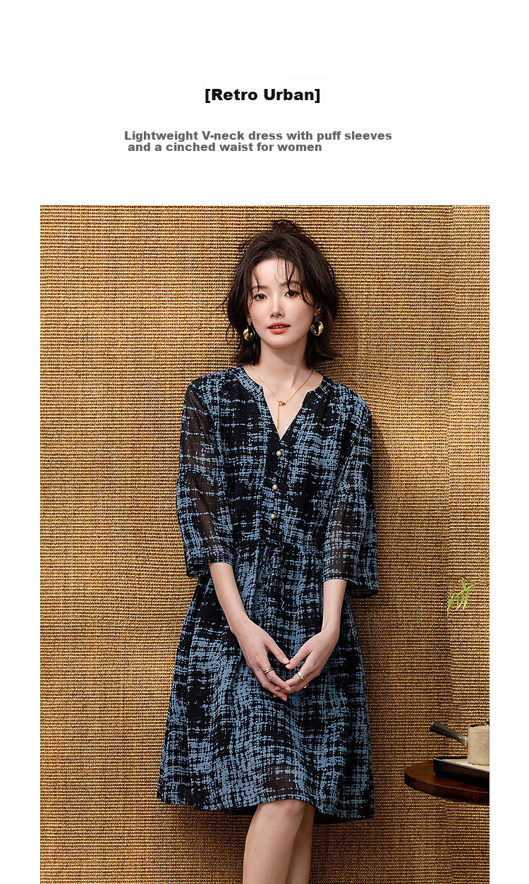 Demana Vintage Urban Spring Lightweight V-Neck Puff Sleeve Waist-Defined Slimming Chiffon Women's Dress 1
