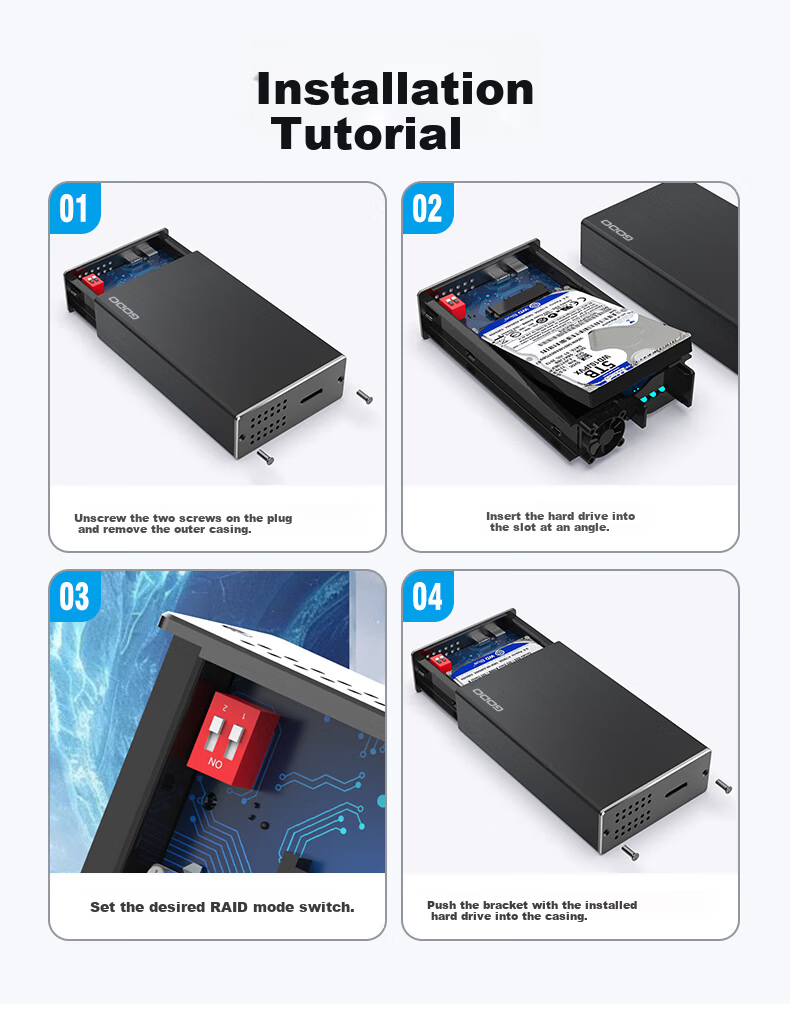 GODO SATA Disk Array Enclosure 2.5 Inch Dual Bay RAID External Type-C USB 3.0 Mechanical SSD HDD Case for Desktop Laptop 9