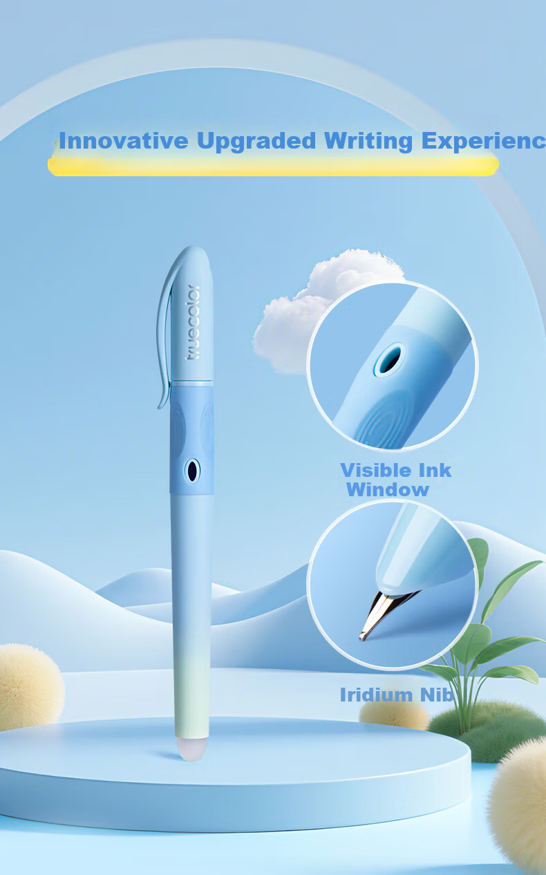 TRUECOLOR Blue Thermal Erasable Fountain Pen 0.38mm for Elementary Students Grade 3 Children Handwriting Practice Posture Correction Refillable Ink Cartridge High Appearance Unisex Beginner Fountain P 2