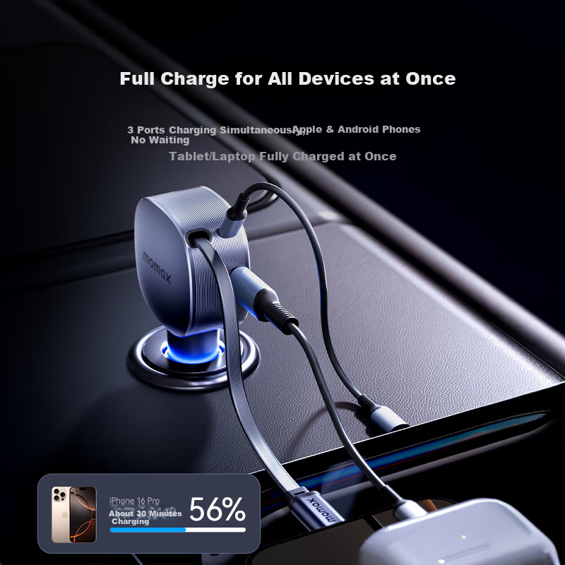 MOMAX Car Charger Super Fast Charging with Retractable Cable PD60W Cigarette Lighter Adapter Compatible with Huawei, Apple 15/16, Xiaomi, Android