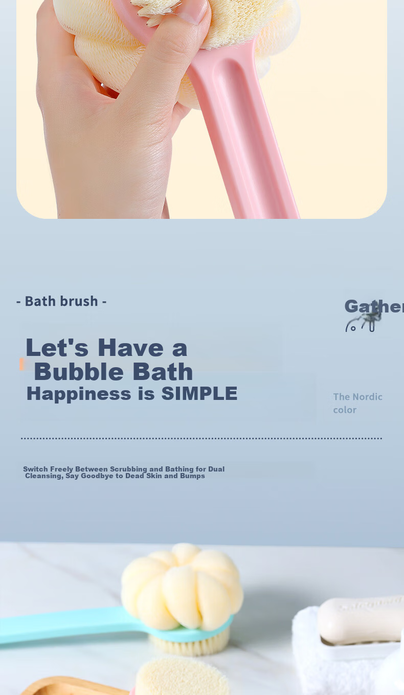 Grace Long-Handled Back Scrubber Bath Brush with Soft Nylon Bristles, Non-Shedding Shower Scrubber for Back And Body, 8*36cm 2