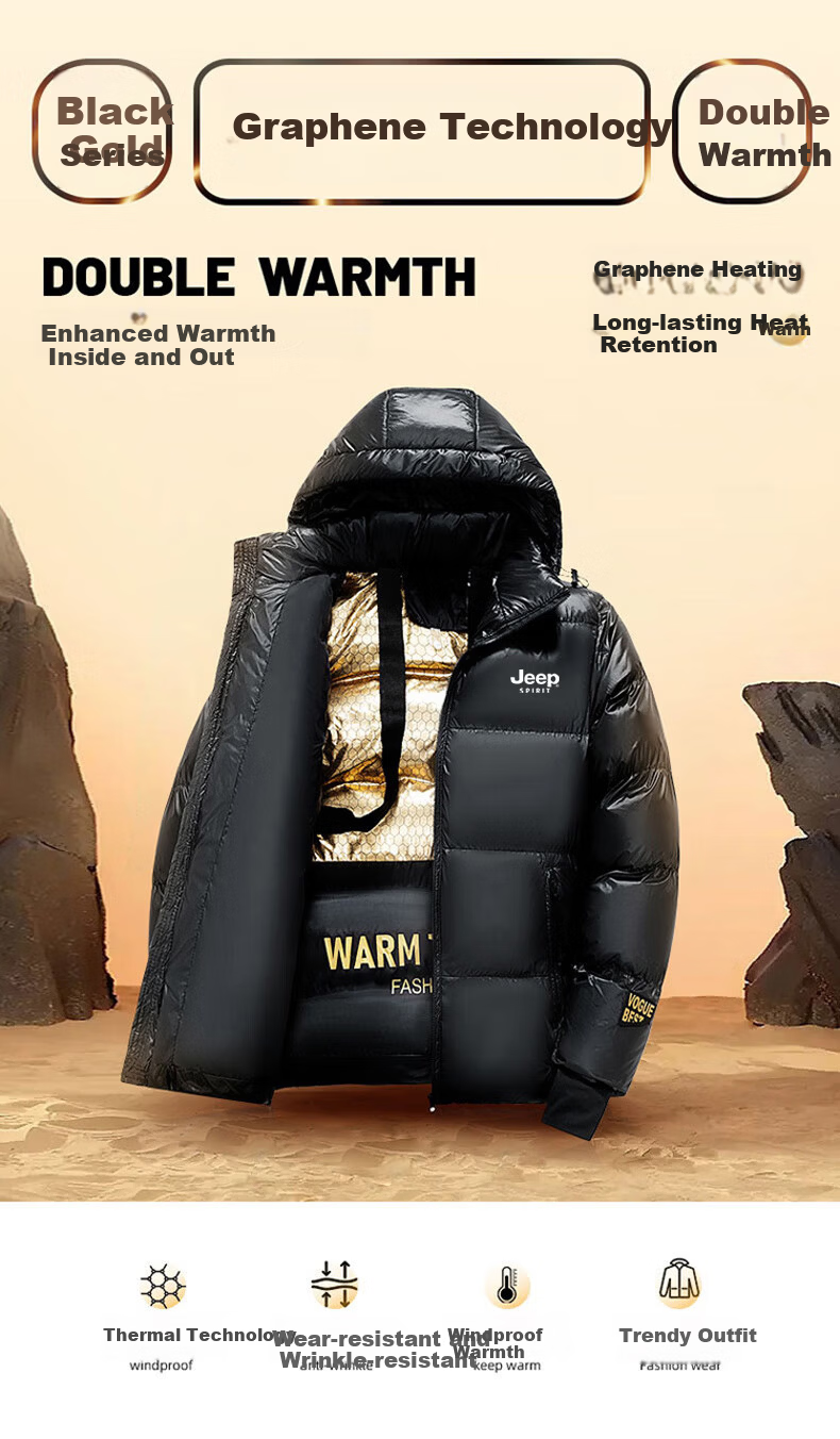 JEEP SPIRIT Men's Thickened Hooded Warm Cotton Jacket Autumn Winter Black 2XL 1