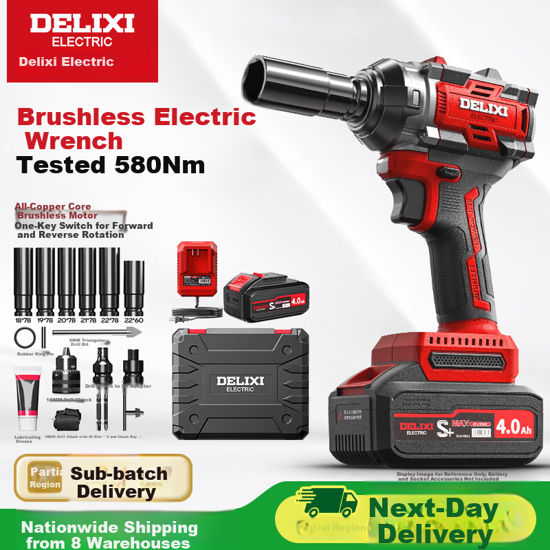 DELIXI ELECTRIC Brushless Impact Electric Wrench High Torque Cordless Lithium Battery Power Tool Rechargeable Air Gun 4.0Ah