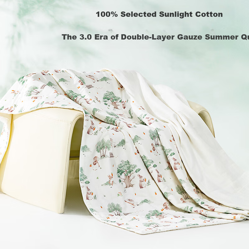 Hengyuanxiang Cotton Quilt A-Class Antibacterial 100% Cotton Double-Layer Gauze Summer Quilt Air Conditioning Quilt Carrot Little Rabbit 1.2*1.5m