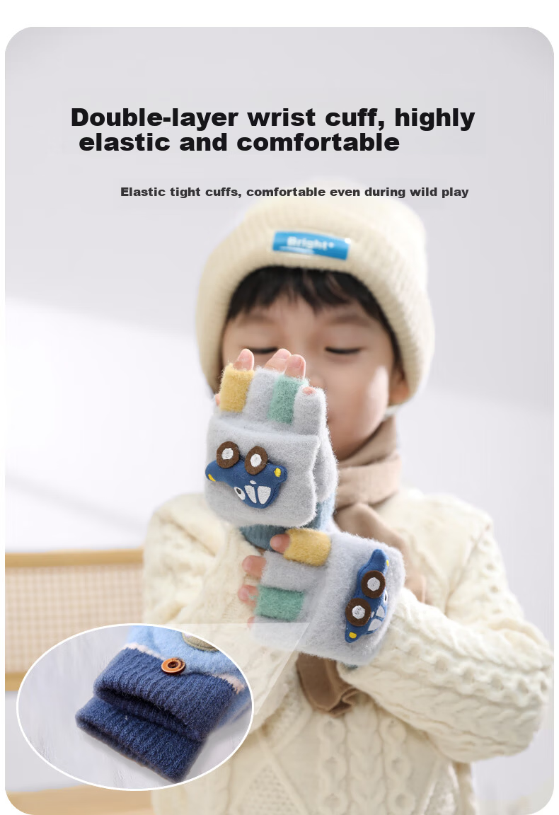 Aibaoqi Children's Winter Warm Flip Half Finger Gloves Boys Thickened Writing Fingerless Gloves T238 Blue 6