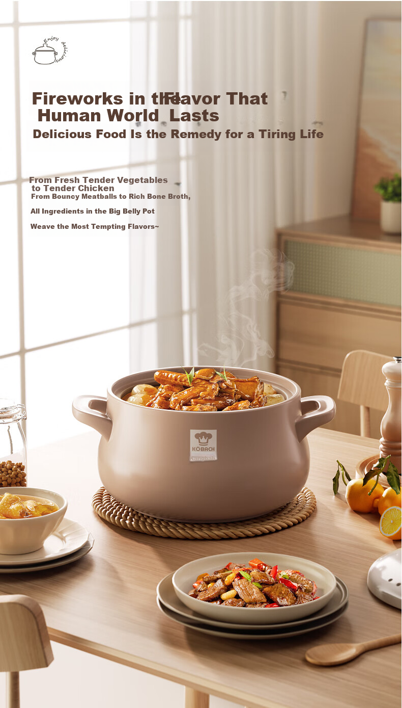 KOBACH Large Belly Pot, Heat-Resistant, Crack-Resistant, Suitable for Claypot Rice, Chinese Herbal Medicine Decoction, Soup Cooking, Stewing Pot, Ceramic Cookware for Home Use 2