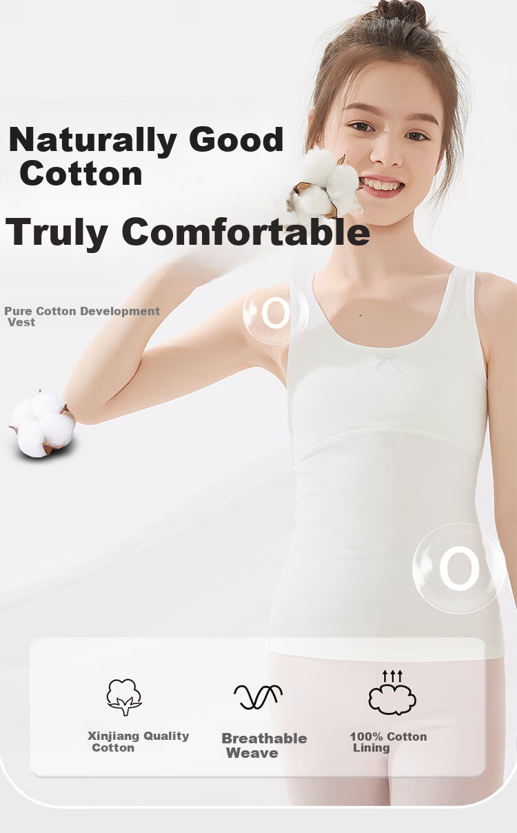 GUJIN Girls' Developmental Cotton Vest, Lightweight Breathable Thin Cotton Undershirt for Elementary School Girls, Anti-Bulge Innerwear, 2-Pack 1