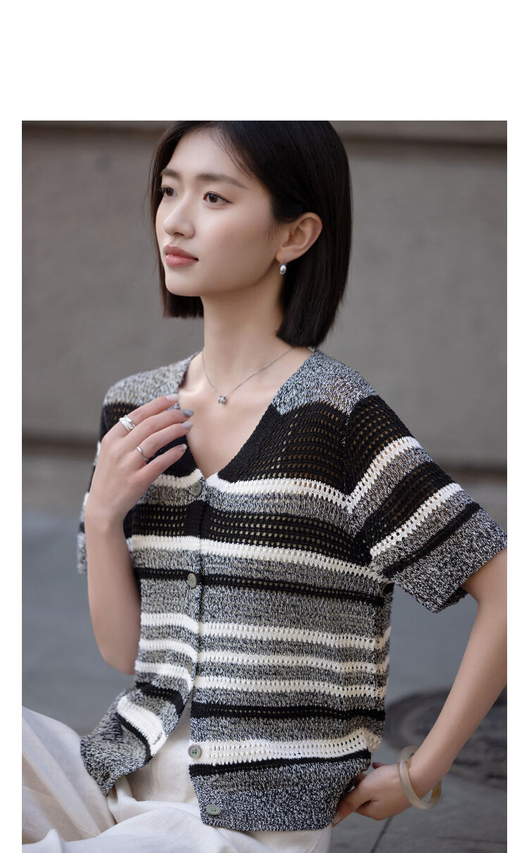 Demana [Salt Style Lazy] Summer V-Neck Color-Block Striped Hollow Jacquard Slim Knit Cardigan for Women Premium Feel 11