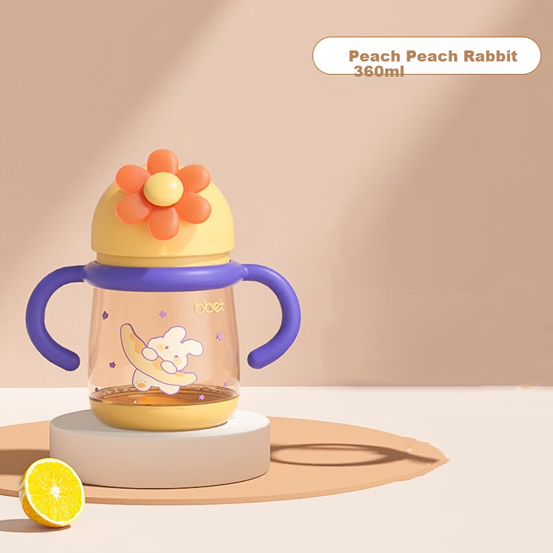 Babi Elephant PPSU Children's Water Bottle Primary School Straw Cup with Handle and Strap 360ml Peach Rabbit