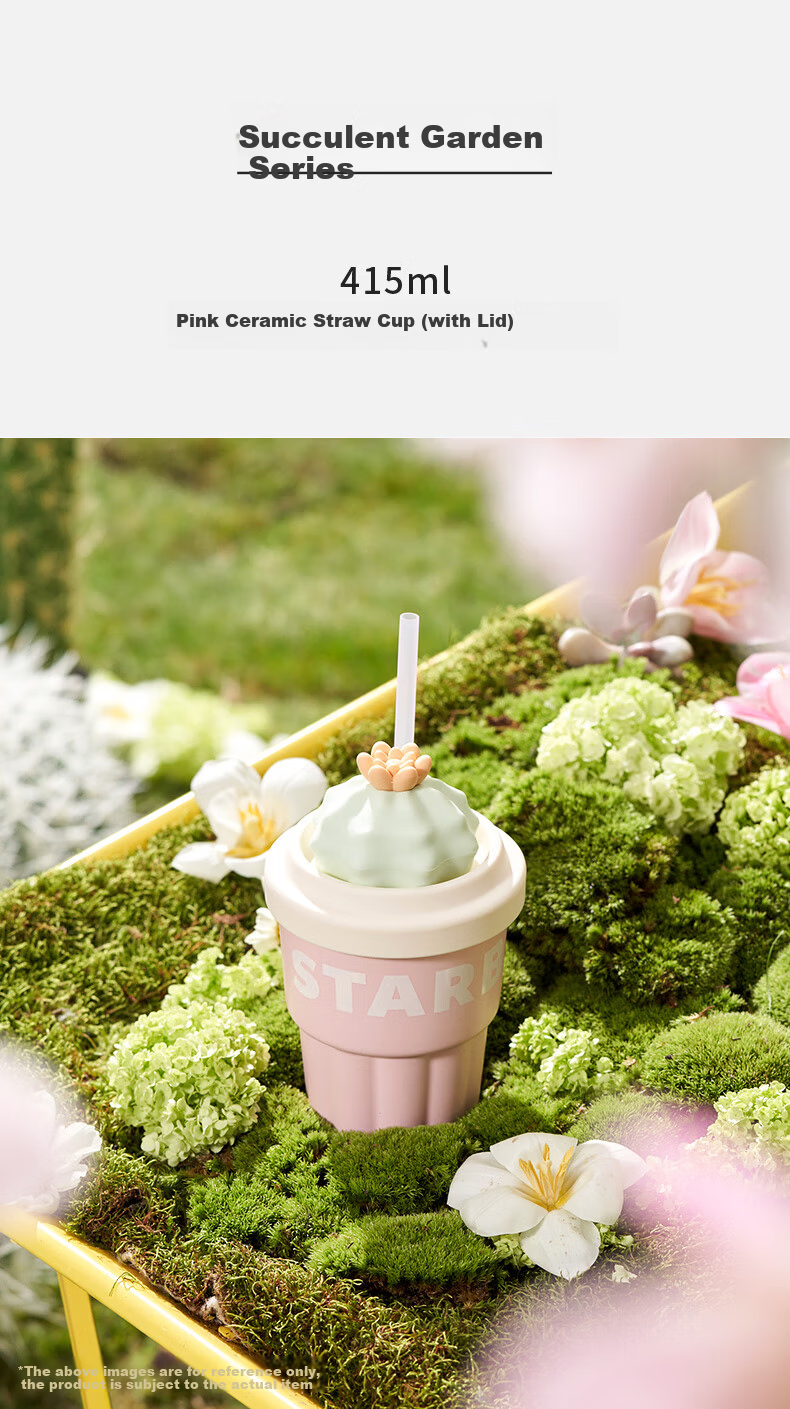 Starbucks Pink Succulent Garden Ceramic Straw Cup with Lid 415ml Coffee Tea Mug Women's Day Gift 1