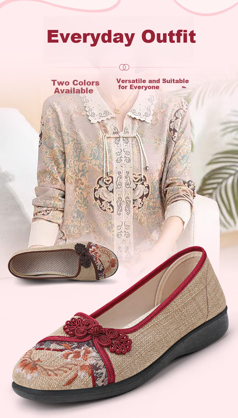 BUSHEYUAN Soft Sole Breathable Flat Shoes with Pankou Buttons, Mom Shoes, Lazy Shoes, Old Beijing Cloth Shoes for Women 510-1332 Red Size 37 3