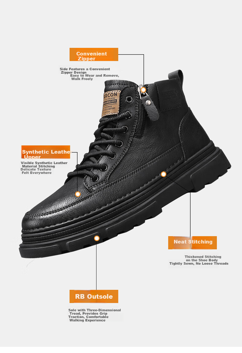 Eierkang Men's Cotton Shoes British Style Martin Boots Casual High-top Sneakers Retro Fashion Work Boots Trendy Thick-soled Shoes for Men 7