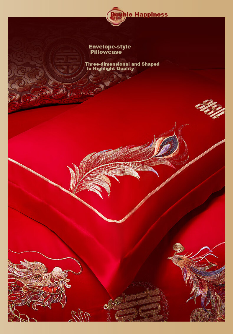 SILKUEEN Wedding Bedding Set, Pure Cotton Sateen Four-Piece Set, Wedding Celebration, Bright Red, Wedding Room, Double Happiness Quilt And Duvet Cover Set, 200*230cm 11