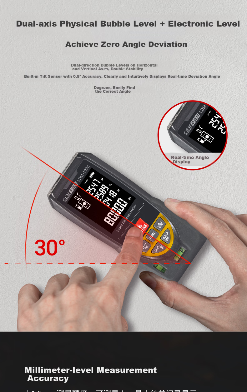 CEM LDM-80C Laser Distance Meter, High-Precision Laser Infrared Room Measuring Device, Electronic Ruler with Voice Playback, USB Direct Charging, 80 Meters Range 4
