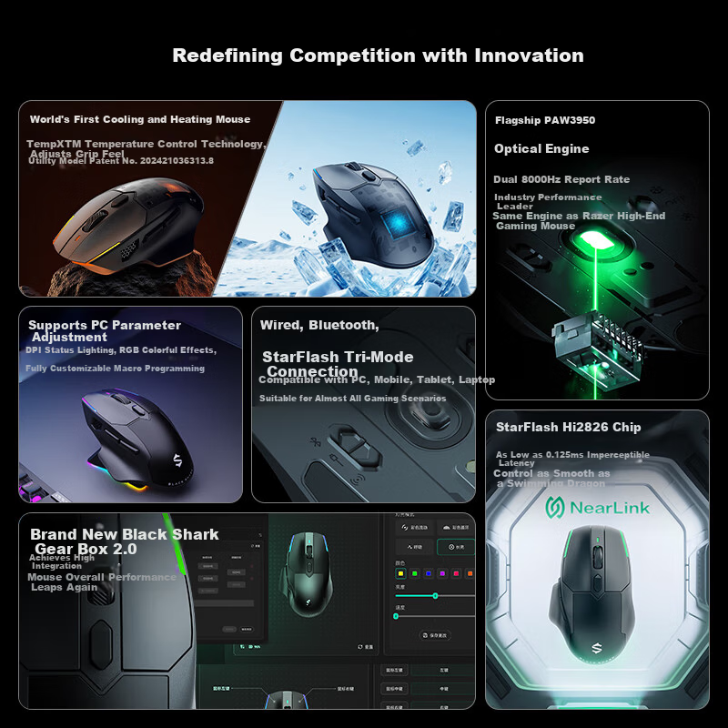 Black Shark Star Flash Heated Gaming Mouse Ergonomic Dual 8K Report Rate Wireless Tri-Mode Right-Handed PUBG/LOL/CSGO Mouse