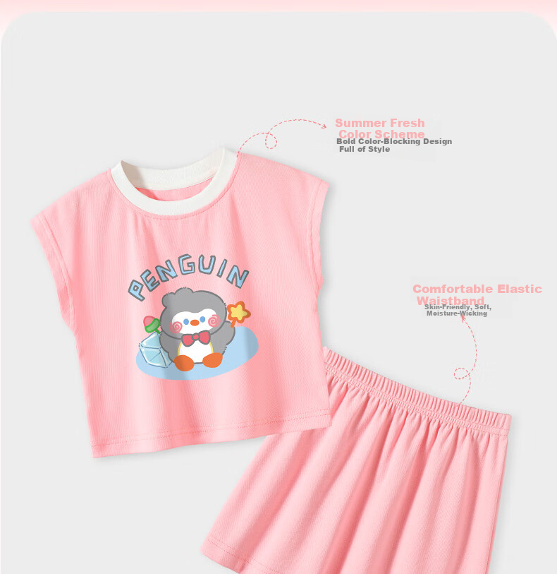 Badibadi Summer Infant Toddler Girls Baby Set Short Sleeve T-Shirt and Skirt Pink Ice Cube Penguin Size 80 4