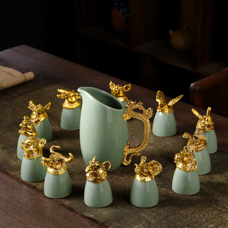 Canjiangjun Ceramic Liquor Cup Set with Twelve Zodiac Design, Teacher's Day Wine Decanter Gift Box Set