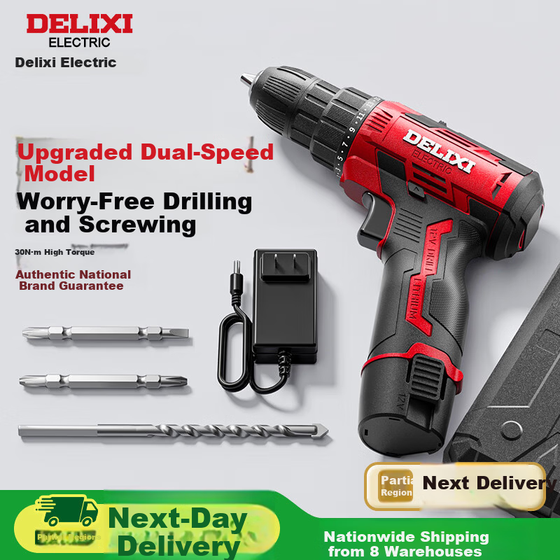 DELIXI ELECTRIC 12V Cordless Lithium Battery Electric Drill Multi-Function Household Mini Handheld Screwdriver Double Speed
