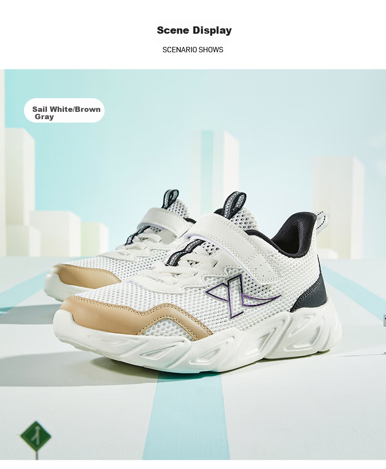 XTEP Kids Lightweight Soft Running Shoes High Elastic Shock Absorption Mesh Sports Shoes Sail White/Brown Gray Size 37 9