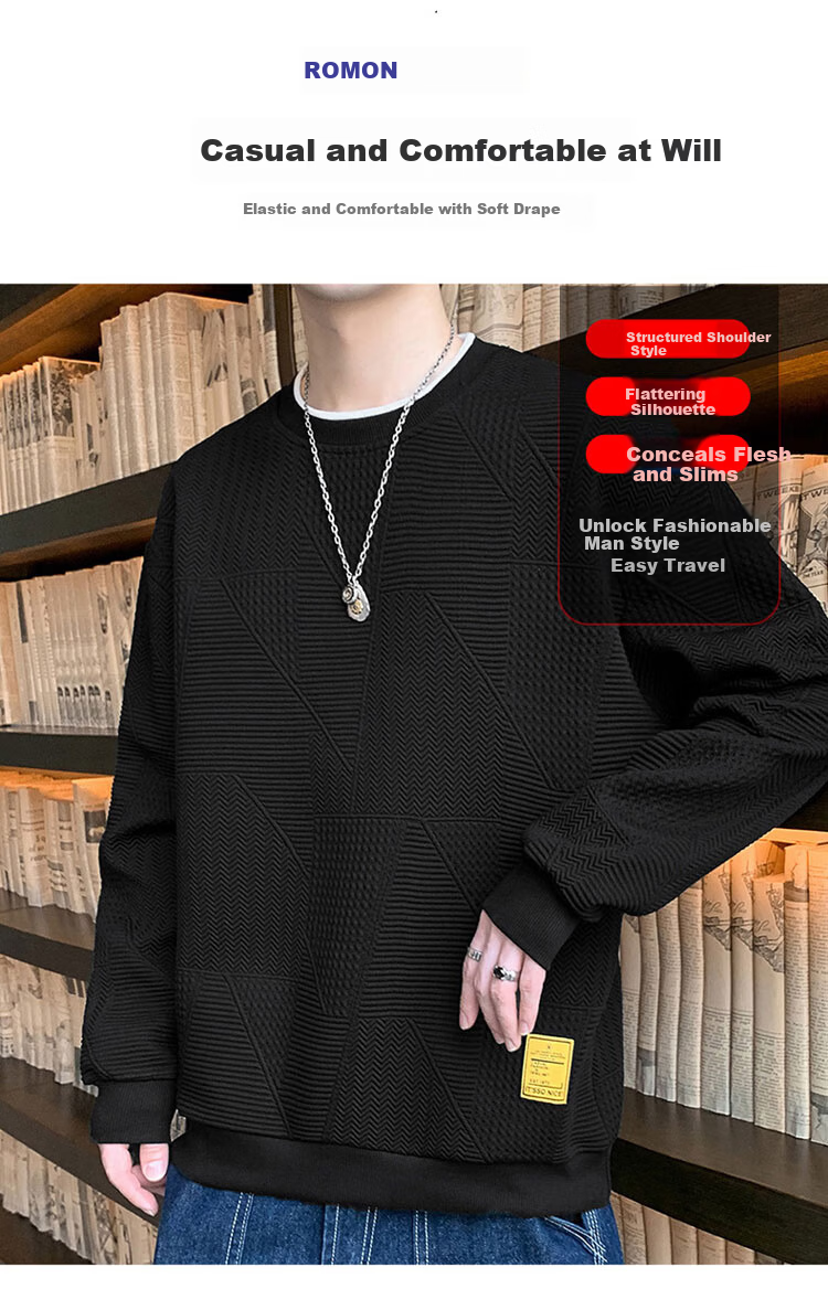 ROMON Men's Sweatshirt Spring and Autumn Casual Long Sleeve T-Shirt Loose Fit White 3XL 3