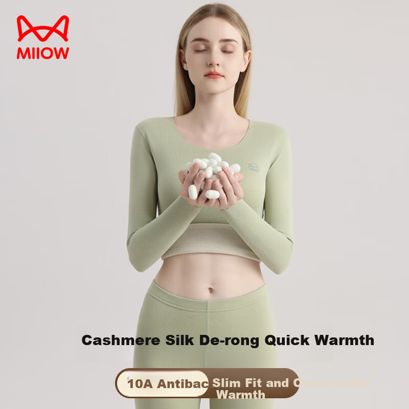 Miiow Women's Thermal Underwear Set with Cashmere and Silk, Seamless, Slim Fit, Autumn Top and Bottom, Green, 2XL