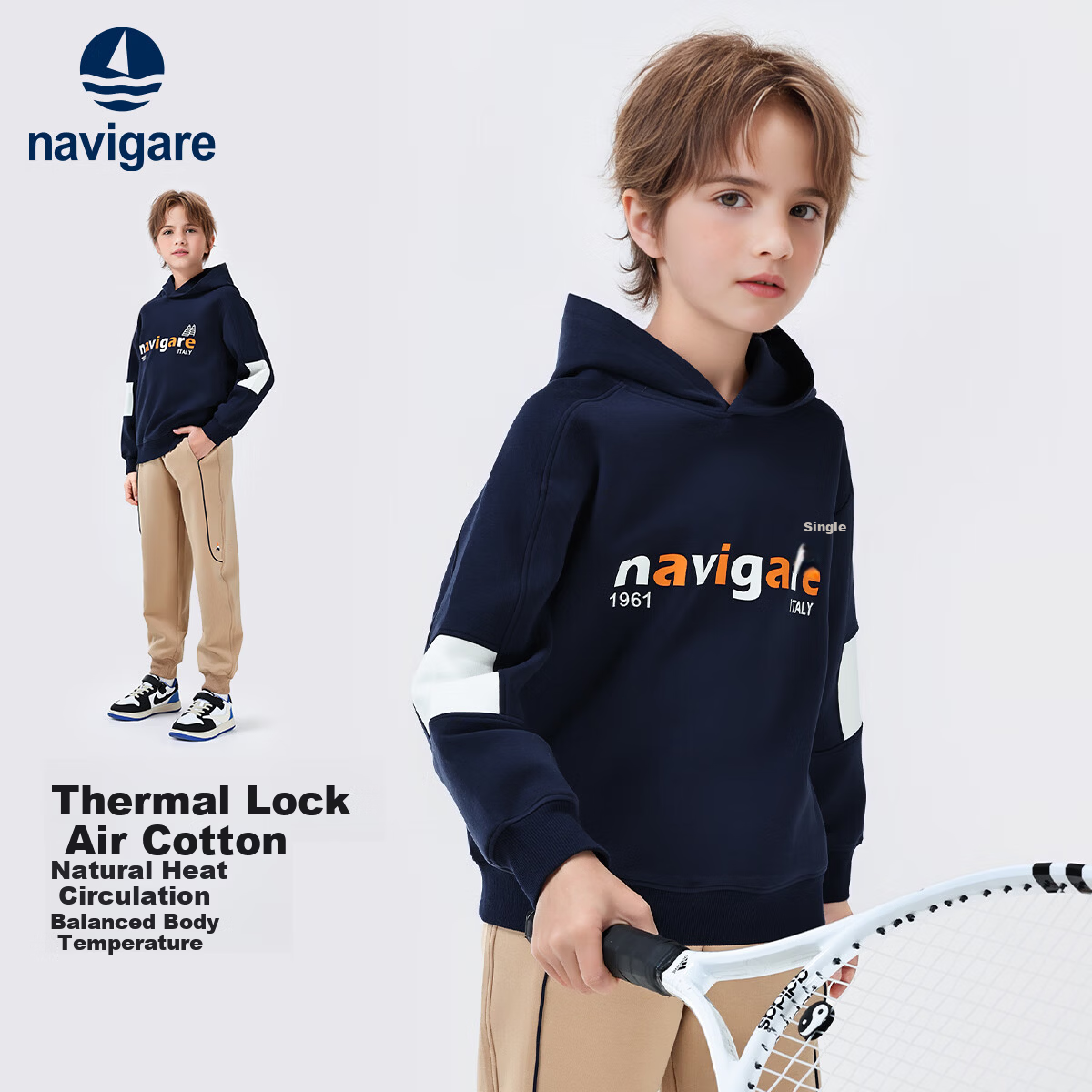 Navigare Boys' Hoodie Spring Children's Hooded Sweatshirt Student Casual Fashion Sailboat Letter Navy Blue 165