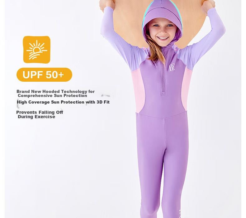 BALNEAIRE Kids One-Piece Swimsuit Girls Long Sleeve Sun Protection Surfing Breathable Chlorine Resistant Detachable Hood 3