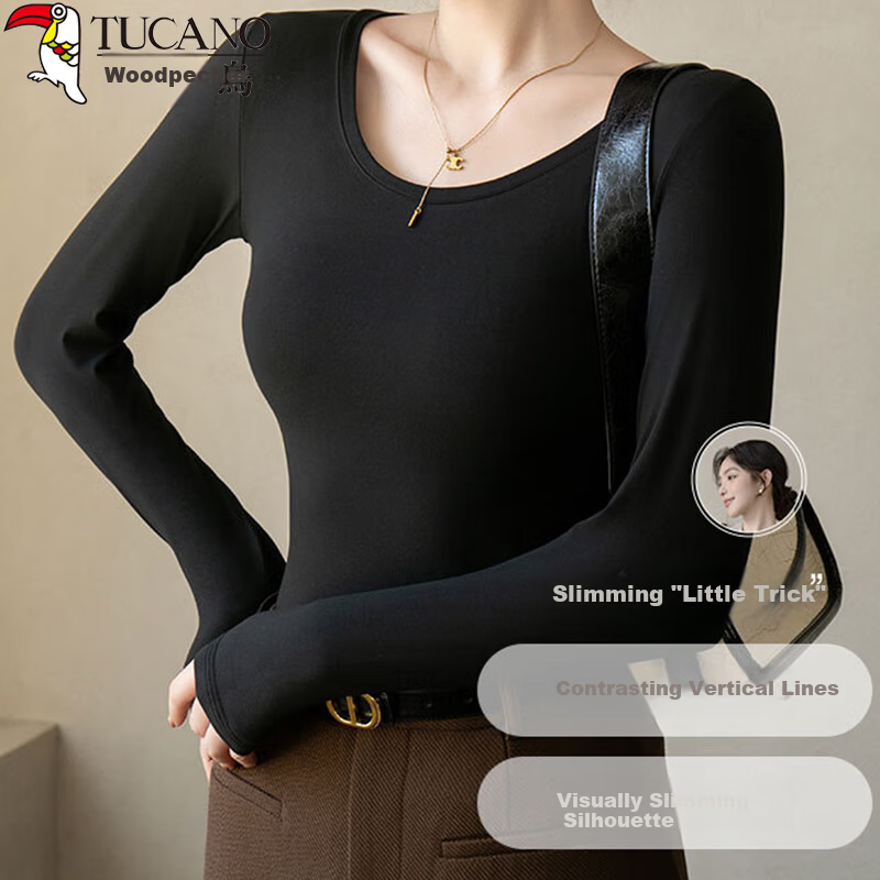 Woodpecker Women's Crew Neck Slim Fit Long Sleeve Solid Color Casual Basic Top Black M 2025 Spring Summer Thin Version