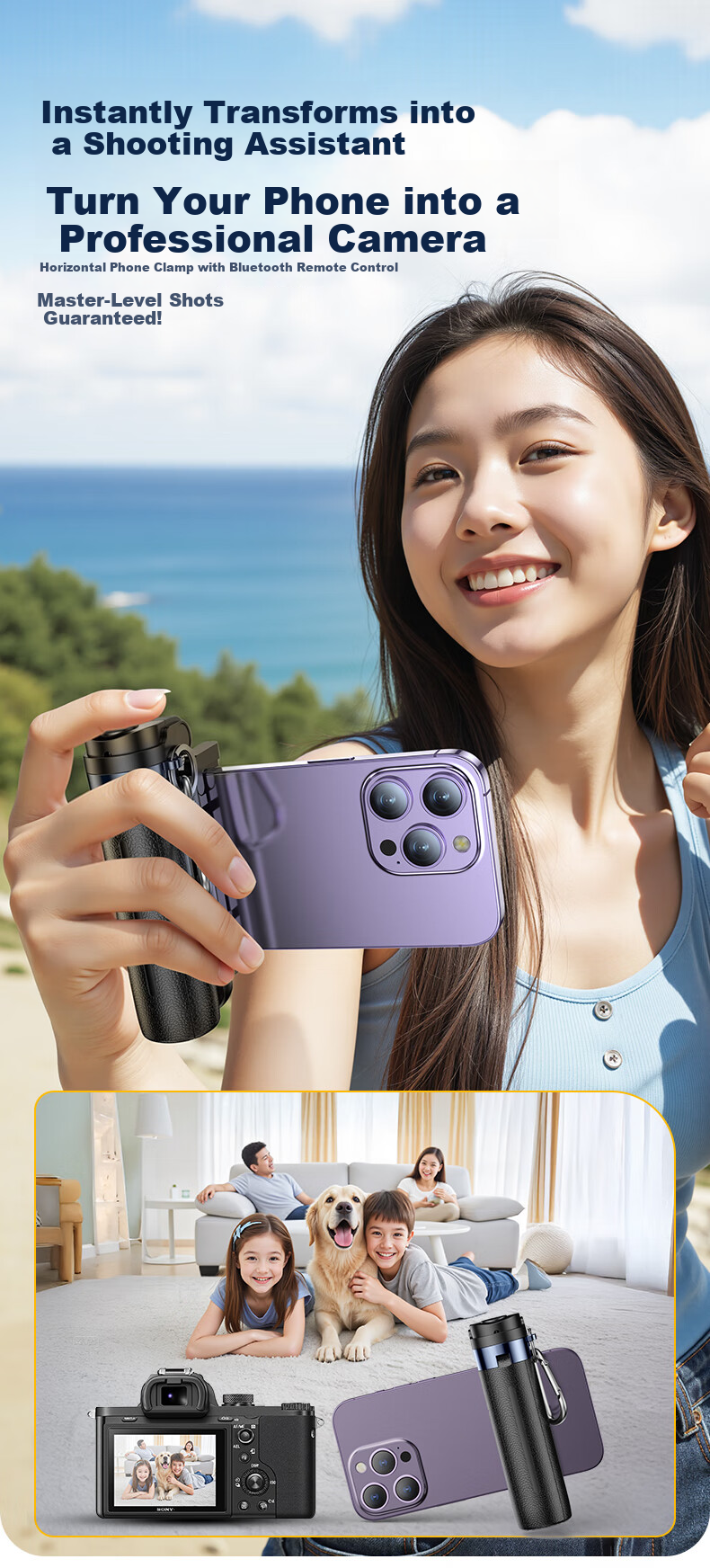 Samtogo Zoom Mini Selfie Stick Phone Holder Floor Tripod Compact Portable Travel Gadget 360° Rotating Stabilized Gimbal Follow Shooting Multifunctional All-in-One 5