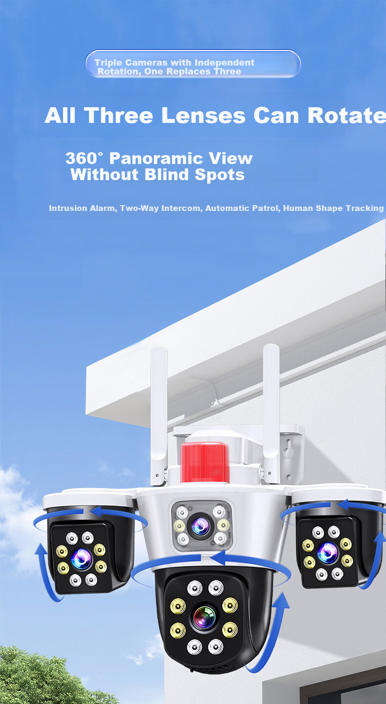 Network Eye Triple Lens Home Security Camera Outdoor No WiFi Required Lifetime Data-Free Mobile Remote Monitoring 360-Degree No Blind Spot Night Vision Rural Use 4