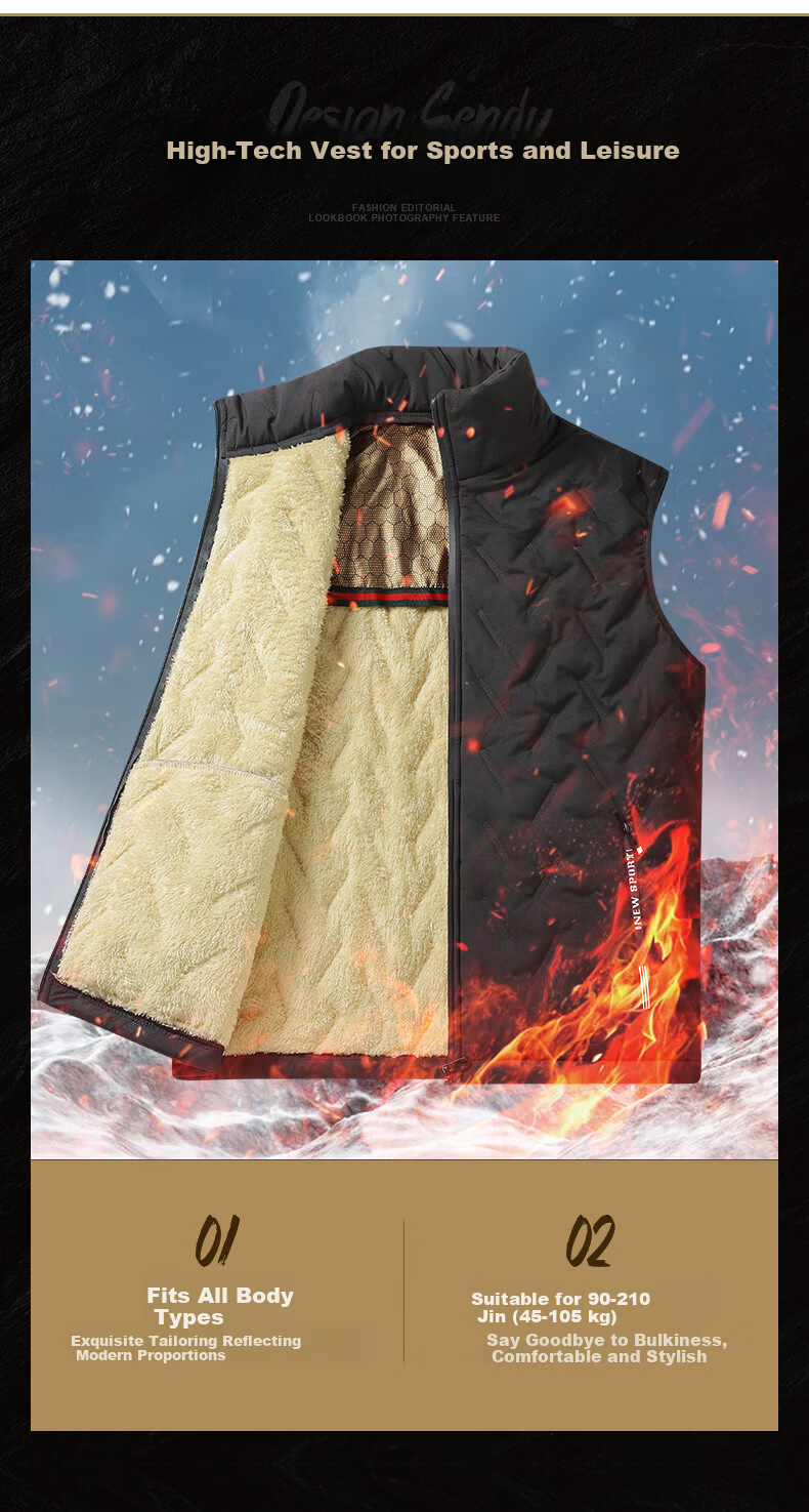 Warrior Men's Fleece-Lined Warm Printed Stand Collar Vest Sleeveless Jacket Casual Cotton Padded Outerwear for Autumn and Winter 3