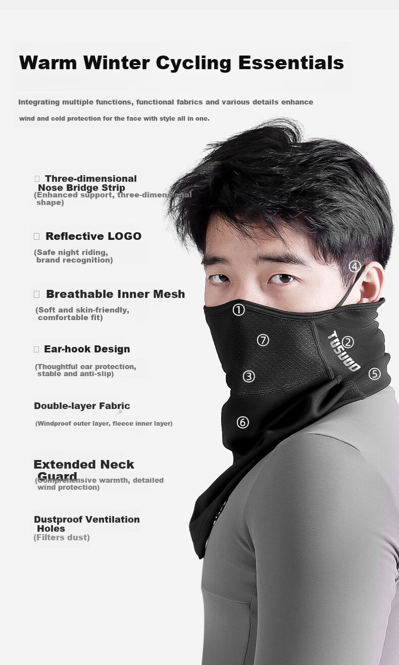 Captain Tas Cycling Face Mask Autumn Winter Warm Windproof Neck Gaiter Outdoor Motorcycle Electric Bike Face Cover Headscarf Black 3