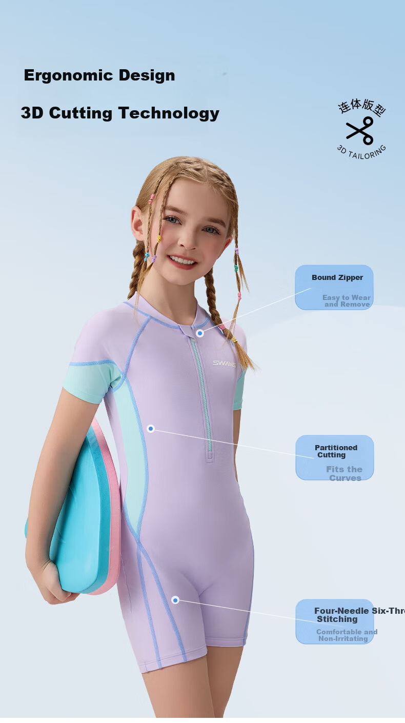 SWANS Kids Girls One-Piece Square-Leg Swimwear Chlorine-Resistant Quick-Dry Professional Sun Protection Surf Suit Light Purple 130 6