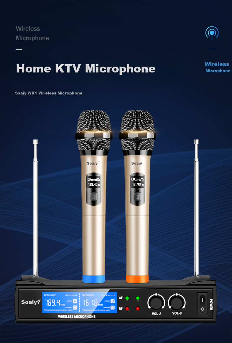 Soaiy Professional Wireless Microphone System with Two Handheld Mics, Frequency-Adjustable Karaoke Microphones for Home, Stage, KTV, Singing, Weddings, Meetings, Professional SA-WK13(B) [Headset] 1