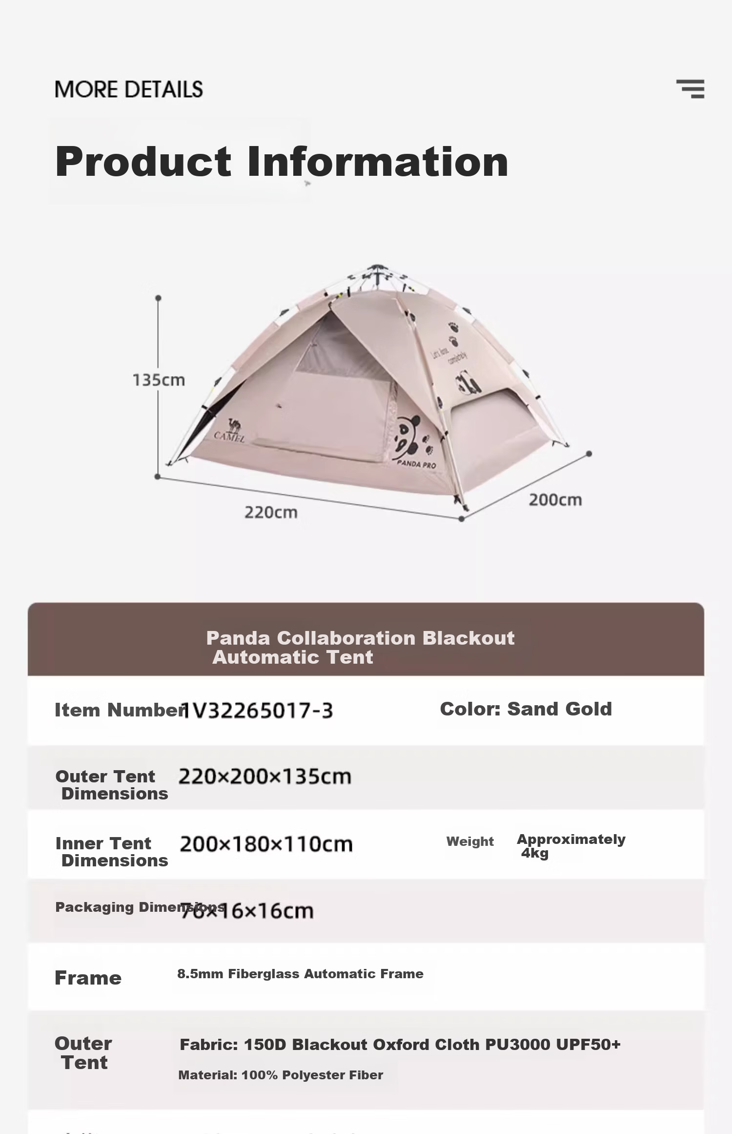 CAMEL Panda Tent Outdoor Folding Portable Camping Overnight Picnic Park Blackout Sunscreen 5017-3A 14