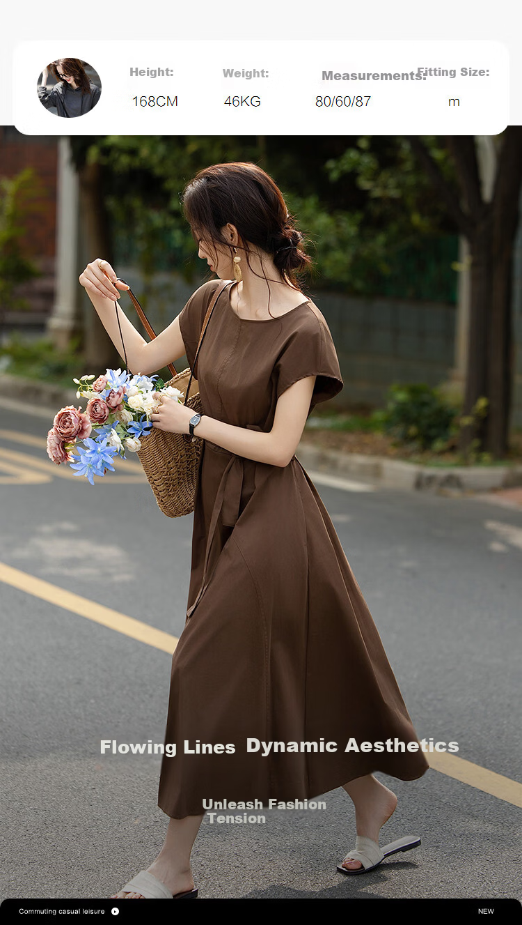 Demana Minimalist Urban Summer Comfortable Cotton-Blend Stretch Round Neck Waist-Slimming Petite Dress for Women High-End Feel 5