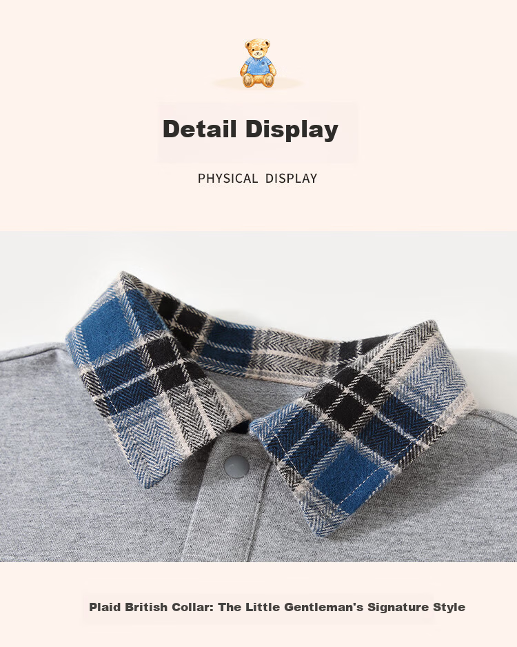 Classic Teddy Boys' Set Children's Sweatshirt and Sweatpants 2-Piece Mid-Child Spring Polo Collar Plaid Outfit Light Gray 130 14