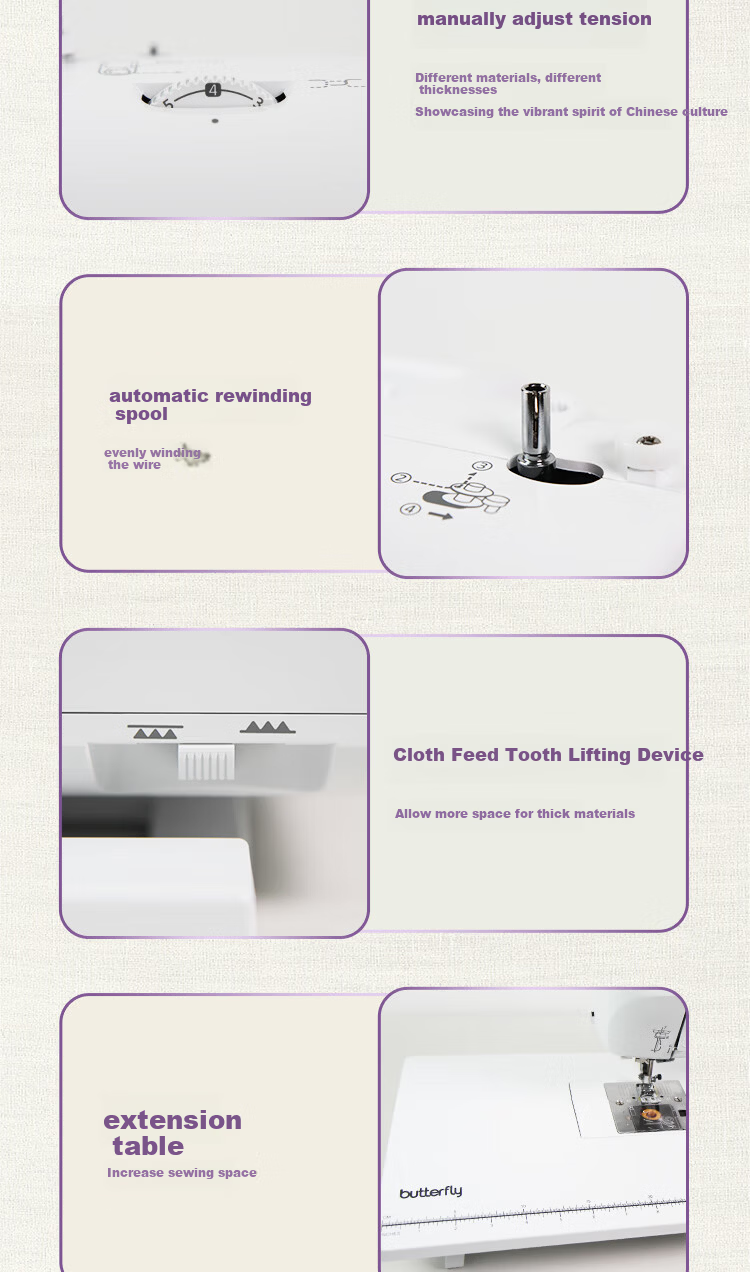 BUTTERFLY JD100SE Multifunctional Home Electronic Sewing Machine Desktop Quiet Thick Fabric 100 Stitch Patterns with Extension Table 9